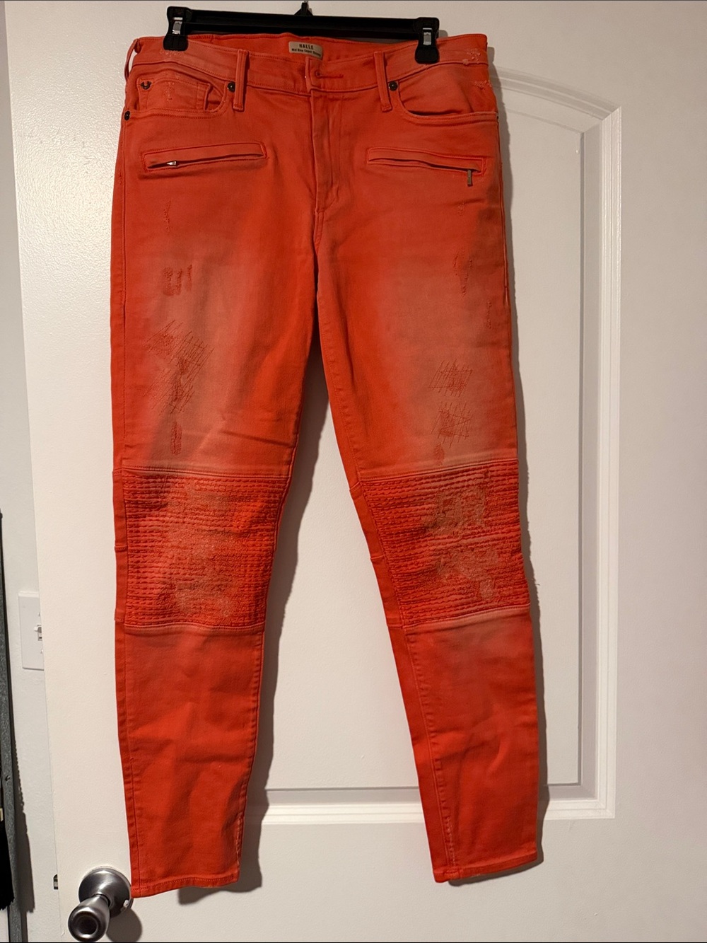 True Religion Orange Skinny Moto Jeans with Ribbed Knee Panels